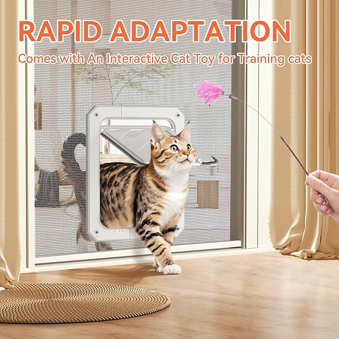 LIBBEPET Cat Door for Screen Door, Lockable Cat Screen Door for Cats & Small Dogs Up to 20 lbs, Magnetic Flap Opening 7 x 9 inches, Equipped with Interactive Cat Toy & Installation Tools, White