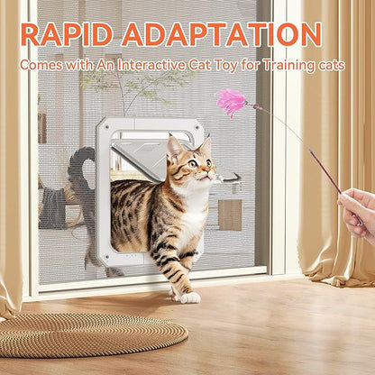 LIBBEPET Cat Door for Screen Door, Lockable Cat Screen Door for Cats & Small Dogs Up to 20 lbs, Magnetic Flap Opening 7 x 9 inches, Equipped with Interactive Cat Toy & Installation Tools, White