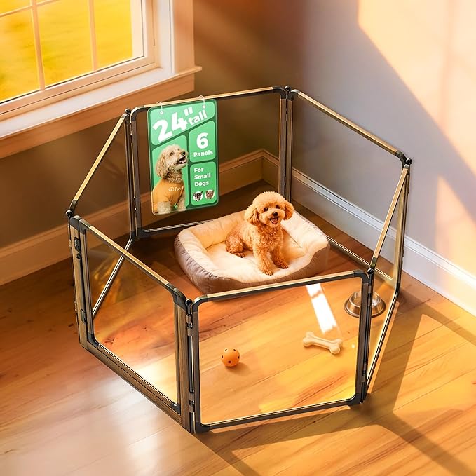 FXW AuraSpace Pro Acrylic Indoor Dog Playpen, Heavy-Duty with Metal Frame, 24" Height 6 Panels for Puppies & Small Dogs,Walnut│Patented