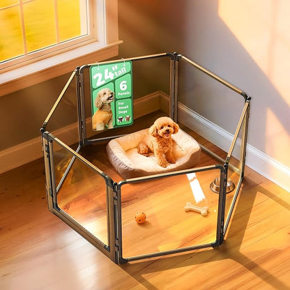 FXW AuraSpace Pro Acrylic Indoor Dog Playpen, Heavy-Duty with Metal Frame, 24" Height 6 Panels for Puppies & Small Dogs,Walnut│Patented
