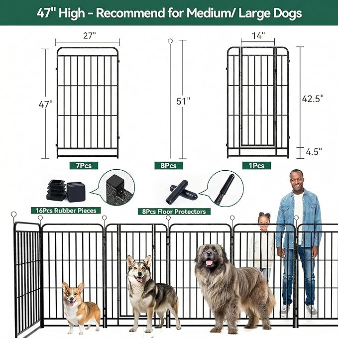 Dog Playpen Outdoor 8 Panels 47'' Rustproof Metal Dog Fence with Gate Small Medium Portable Large Dog Play Pen 18FT 71 Sq.ft for RV Camping, Trips, Play Yard