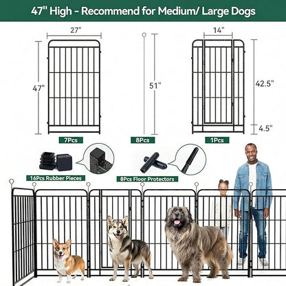 Dog Playpen Outdoor 8 Panels 47'' Rustproof Metal Dog Fence with Gate Small Medium Portable Large Dog Play Pen 18FT 71 Sq.ft for RV Camping, Trips, Play Yard