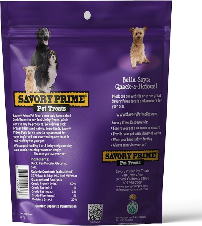 Savory Prime Duck Jerky Dog Treats, Made with 100% Real Duck Breast, Farm Raised, Healthy, Easily Digestible, High Protein, Satisfies Dog's Urge to Chew, 2 Pounds (Pack of 1)