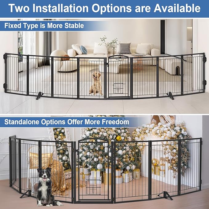 Metal Free Standing Dog Gate with Cat Door for Indoor/Outdoor,160" Extra Wide Foldable Pet Gate,32" Tall Foldable Indoor Dog Fence for Large Openings Stairs,Deck,Yard,Doorways(8 Panels,Black)