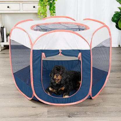 Furhaven Portable Dog Playpen Cat Tent, Pet Playground,Kennel Foldable Indoor Outdoor Zippered Puppy Crate - Navy, Medium