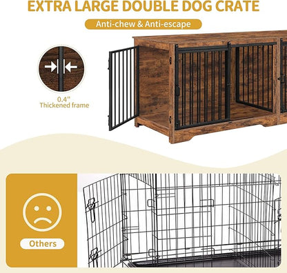 Hzuaneri 78" Dog Crate Furniture for 2 Dogs, Double Dog Cage with Divider, Wooden Heavy Duty Dogs Kennel, Pet Cage with Barn Door, TV Stand for Large Small Medium Dogs, Rustic Brown DFC83701BV1