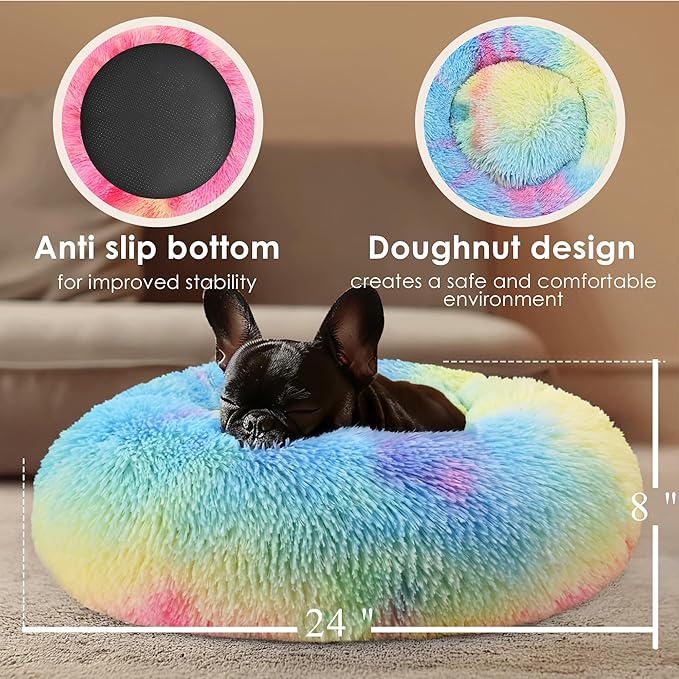 Dogs Bed for Small Dogs, Anti-Anxiety Washable Round Bed (Rainbow, 24.0" L x 24.0" W x 8.0" Th)