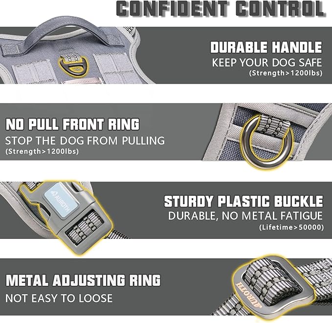Auroth Tactical Dog Harness for Large Dogs No Pull Adjustable Pet Harness Reflective K9 Working Training Easy Control Pet Vest Military Service Dog Harnesses Grey XL
