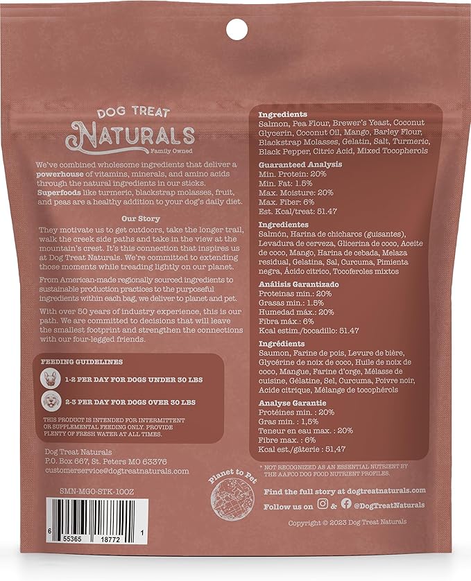 Dog Treat Naturals Superfood Sticks, Salmon & Mango, 10oz Bag | Dog Chew Sticks | All-Natural, Pet Training Treats | Joint-Skin-Coat Health | USA Made