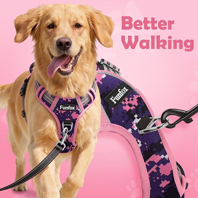 Funfox Dog Harness No Pull, Adjustable Pet Vest Harness, Super Soft Material with Vertical Handle Easy Control, Reflective Night Walking, 2 Leash Clips for Medium Sized Dogs, Mosaic Pink, M