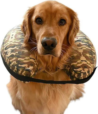 Comfy-K9 Camo Cone - Inflatable Dog Cone with Soft Camouflage Design, Adjustable Blow Up Donut, Machine Washable, Medium Size Collar for Comfortable & Stylish Pet Recovery