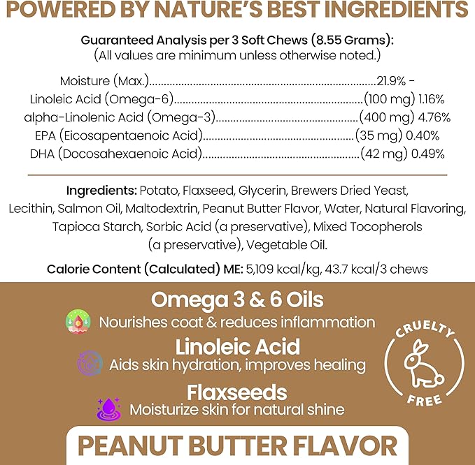 Omega 3 Fish Oil for Dogs, 180 Soft Chews - Salmon Oil Skin & Coat Supplement, Allergy & Itchy Skin Relief, Hot Spots, Anti Shedding - EPA DHA Omega 3 6 9 - Peanut Butter - Made in USA, Chew + Heal