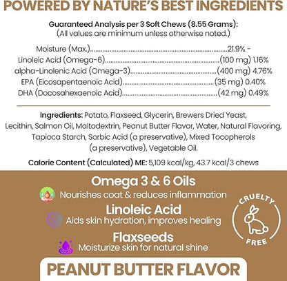 Omega 3 Fish Oil for Dogs, 180 Soft Chews - Salmon Oil Skin & Coat Supplement, Allergy & Itchy Skin Relief, Hot Spots, Anti Shedding - EPA DHA Omega 3 6 9 - Peanut Butter - Made in USA, Chew + Heal