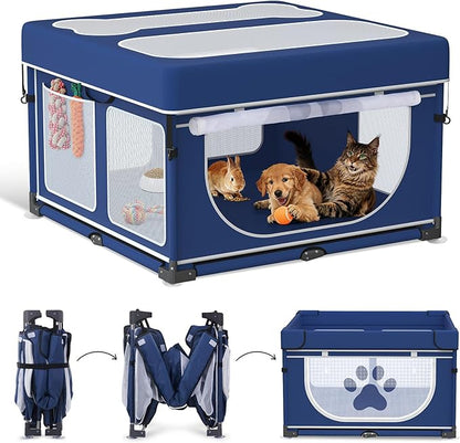 LOOBANI Foldable Dog Playpen with Cover: 1 Min Setup Pet Puppy Playpen Indoor, Sturdy Reinforced Steel/Iron Frame Dog Fence, Portable Whelping Box for Home Dog Cat Rabbit-43.3"x43.3"x27.1"│Patented