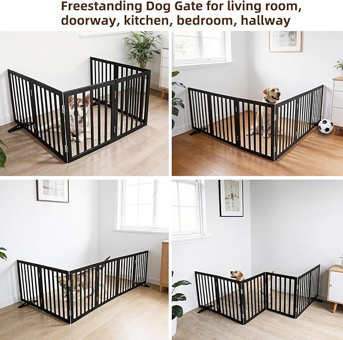 ZJSF Freestanding Indoor Dog Gate for House Foldable Wood Puppy Gate for Doorways Pet Gate for Stairs Extra Wide Pet Fence, Black, 32" Height 6 Panels