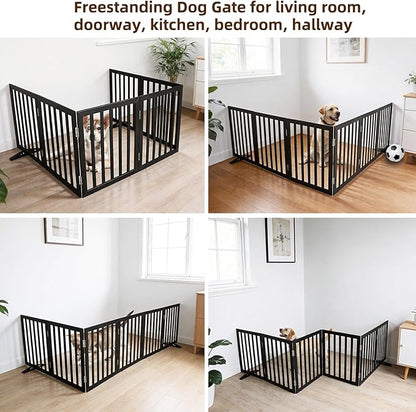 ZJSF Freestanding Indoor Dog Gate for House Foldable Wood Puppy Gate for Doorways Pet Gate for Stairs Extra Wide Pet Fence, Black, 32" Height 6 Panels