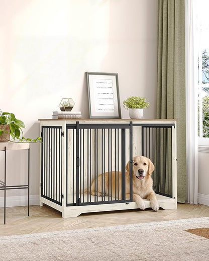 Hzuaneri 43.3" Dog Crate Furniture with Barn Door, Heavy Duty Dog Kennel Indoor with 2 Doors, Wooden Pet Cage End Table for Large Small Medium Dogs, Anti-Chew Anti-Escape, White Brown DFC92314B
