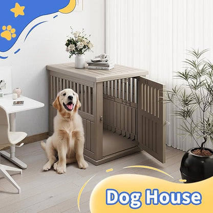 DRATO Dog House Resin Dog Kennel Furniture Weatherproof Functional End Table for Indoor Living Spaces & Outdoor Patios(Light Brown, Large (39.37 * 28.35 * 32.83))
