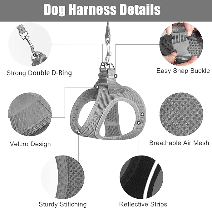 PetiFine Cat Harness and Leash Set,Escape Proof Kitten Harness Reflective,Soft Lightweight Puppy Harness for Walking and Travelling(XXS, Grey)