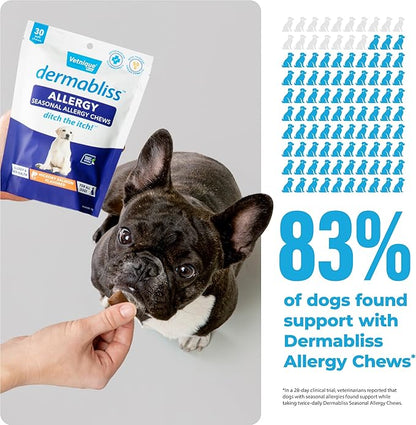 Vetnique DermaBliss Dog Allergy Chews for Seasonal Allergy Itch Relief, Skin & Gut Health with Probiotics and Omega 3 Blend - Advanced or Regular Strength (30ct, Regular Strength Chews)