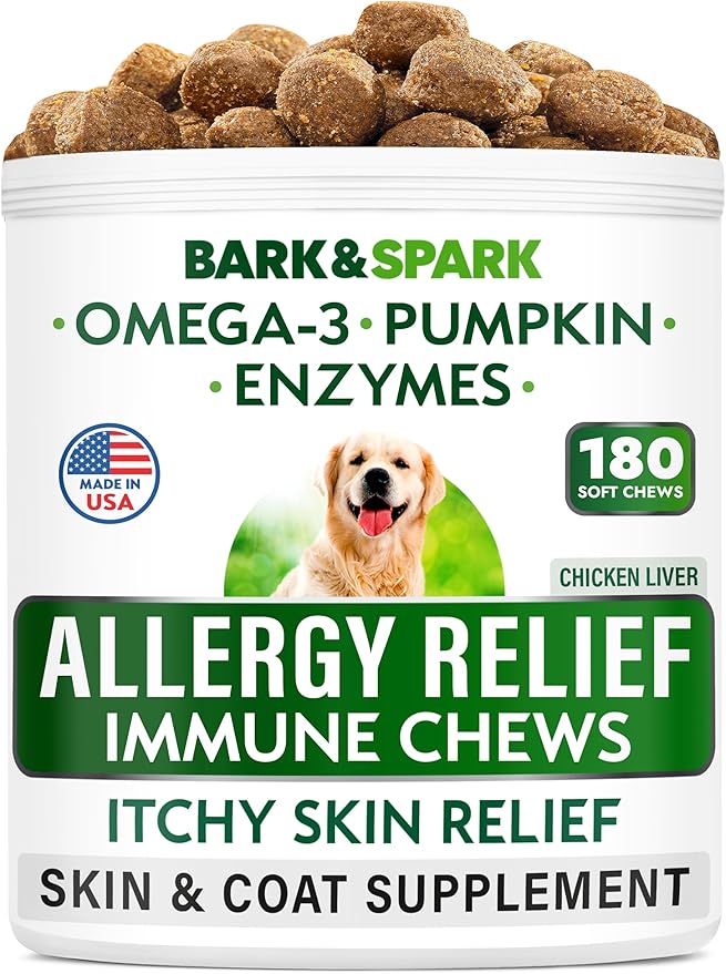 BARK&SPARK Dog Allergy Relief Soft Chews for Skin Health & Seasonal Allergies - Anti-Itch Supplement w/Omega-3, Quercetin & Bromelain Immune Treats for Dry Skin & Hot Spots - Chicken Liver - 180ct