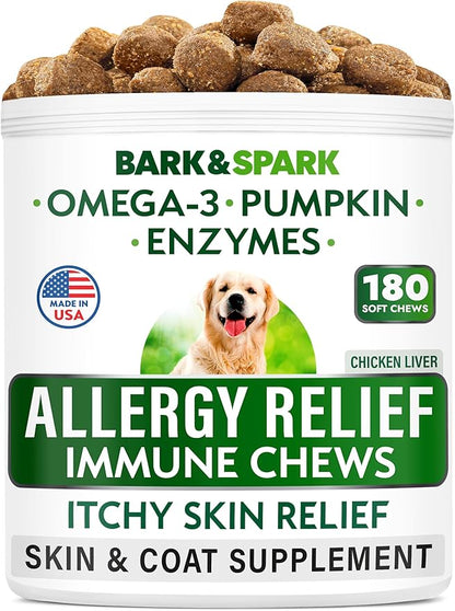 BARK&SPARK Dog Allergy Relief Soft Chews for Skin Health & Seasonal Allergies - Anti-Itch Supplement w/Omega-3, Quercetin & Bromelain Immune Treats for Dry Skin & Hot Spots - Chicken Liver - 180ct