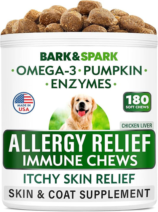 BARK&SPARK Dog Allergy Relief Soft Chews for Skin Health & Seasonal Allergies - Anti-Itch Supplement w/Omega-3, Quercetin & Bromelain Immune Treats for Dry Skin & Hot Spots - Chicken Liver - 180ct