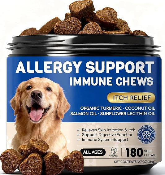 Dog Allergy Relief Chews - Dog Itching Skin Relief - 180 Chews - Anti-Itch, Hot Spots, Paw Licking - Immune Health - Omega 3 Fish Oil - Dry Itchy Skin and Coat Supplement