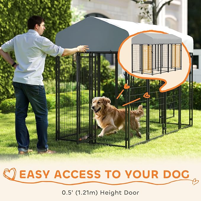 PawHut Outdoor Dog Kennel with 2 Rooms, 8' x 4' x 6' Heavy Duty Welded Wire Dog Playpen Enclosure with Escape-Proof Lock, UV-Resistant & Waterproof Cover, for Large Dogs, Chickens, Ducks, Silver