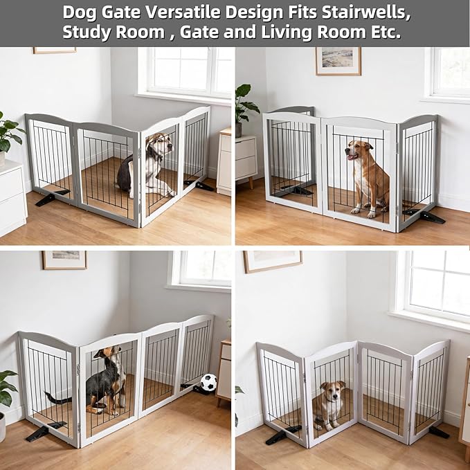 ZJSF Freestanding Dog Fence Indoor, Foldable Dog Gate for Doorways, Stairs or Hallways, Sturdy Wood Extra Wide Pet Gate with Support Feet for The House, Grey, 24 "Height-4 Panels