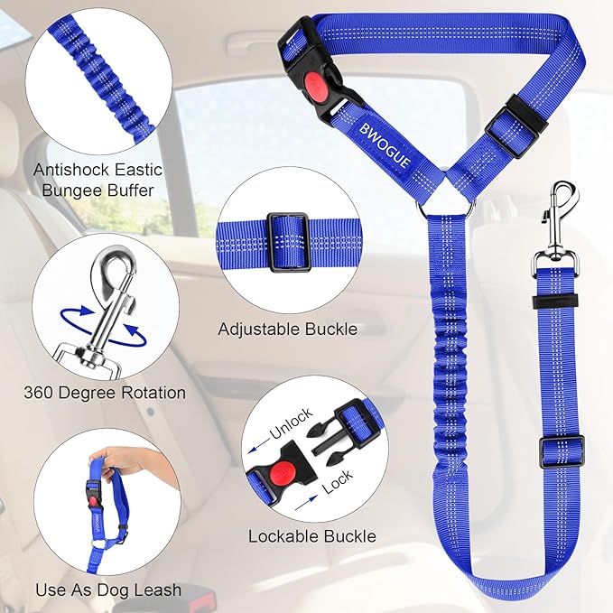 BWOGUE Pet Dog Cat Seat Belts, Car Headrest Restraint Adjustable Safety Leads Vehicle Seatbelt Harness (1 Pack, Dark Blue, Elastic)