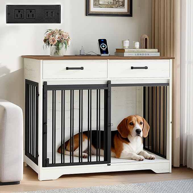 Hzuaneri 38.2'' Dog Crate Furniture with Charging Station, Barn Door Dog Kennel Indoor with 2 Storage Drawers, Wooden Pet Cage End Side Table for Medium/Large Dogs, Chew-Proof, White Brown DFC90314B