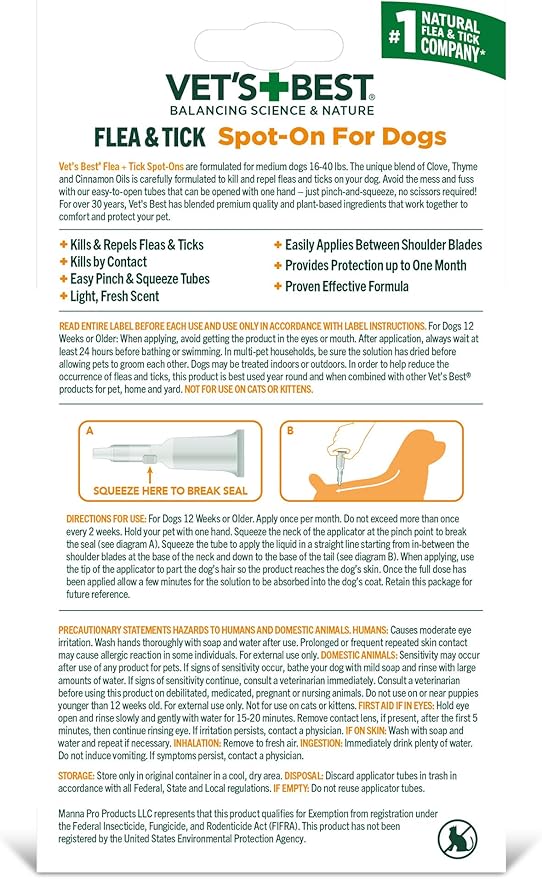 Vet’s Best Botanical Flea and Tick Drops for Medium Dogs, Plant-Based Spot-On Treatment with Certified Essential Oils, Topical Flea and Tick Prevention and Control, Botanical Pest Care, 4 Month Supply