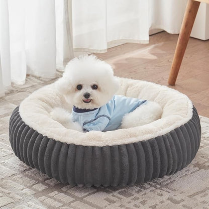 23 inches Donut Dog Bed for Small Dogs - Calming Round Puppy Bed with Removable Cover, Washable Milk Plush Faux Fur Pet Bed for Cats, Fits Pets up to 15 lbs(Charcoal,Small)