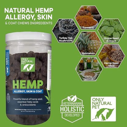 Only Natural Pet Allergy, Skin & Coat Hemp Soft Chews - Allergy Immune Bites for Dogs, Omega 3 Supplement, Calming Treats for Itchy Skin Relief, Hot Spot - (120 Count) (Al.)