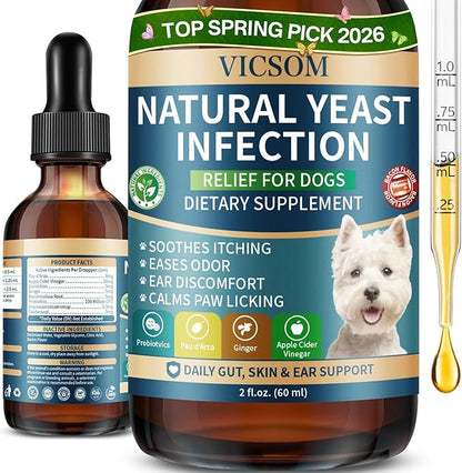 VICSOM Natural Dog Yeast Infection Treatment for Dogs, Itchy Skin & Ear Treatment Natural Support Allergy Relief, Dog Yeast Infection Relief, Support Irritation, Itching & Inflammation 60ml
