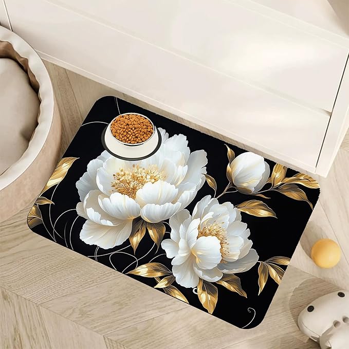White Flowers Pet Feeding Mat,Glitter BloomingAbsorbent Quick-Dry Cat Dog Food and Water Bowl Mats,Non-Slip Rubber Backing Mat,Cat Dog Accessories Supplies 16"x24"