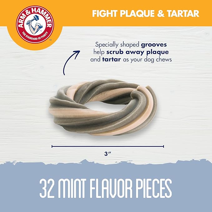 Arm & Hammer for Pets Smoothies Dental Treats for Dogs with Baking Soda and Calcium, Help Fight Bad Breath, Plaque & Tartar without Brushing, Mint, Ring Shaped, 32 Pcs (Packaging may vary)