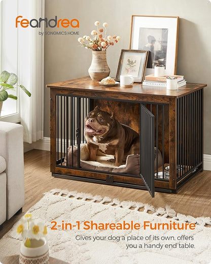 Feandrea Dog Crate Furniture, 38 Inches Dog Kennel for Dogs up to 70 lb, with Removable Tray, Heavy-Duty Dog Cage End Table Indoor, Double Doors Dog House, Easy to Clean, Rustic Brown