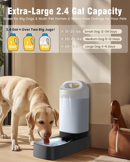 Automatic Dog Water Bowl Dispenser - 2.4 Gallon Stainless Steel Gravity Pet Water Feeder with Ergonomic Handle Design Anti Splash Drinking Bowl Without Filter Easy to Clean Multi Pet Use