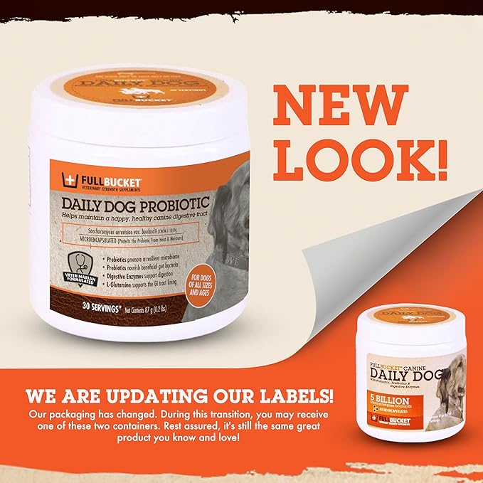 FullBucket Daily Dog Probiotic 30 Servings - Support Natural Digestion, Treat & Prevent Diarrhea - Probiotics, Prebiotics & Digestive Enzymes All in One Tasty Probiotic Powder for Dogs