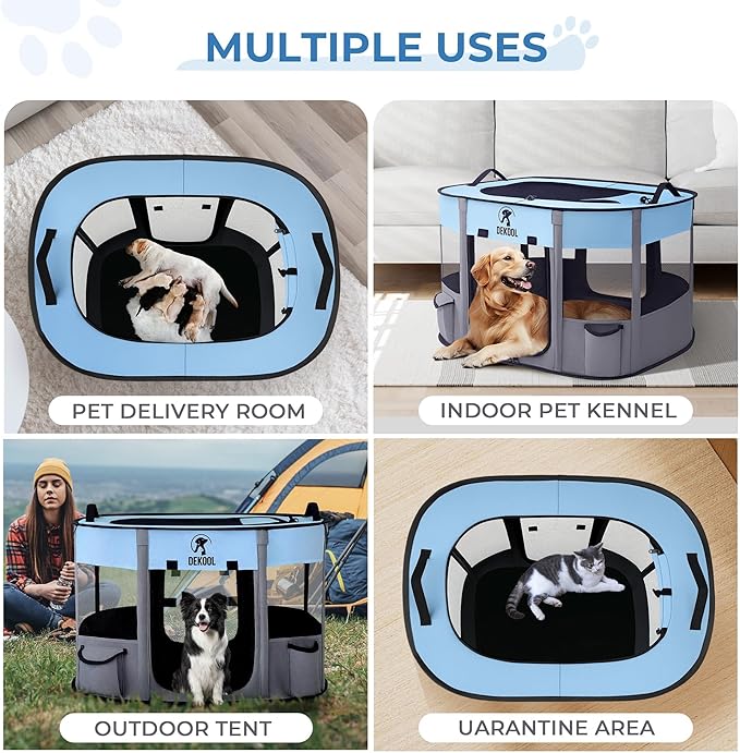 Foldable Dog Cat Playpen, Portable Dog Crate for Puppies, Cat, Puppy Play Pen for Indoors, Kennel Tent Crate for Indoor Outdoor Travel Camping Use with Carrying Case (Blue, L)