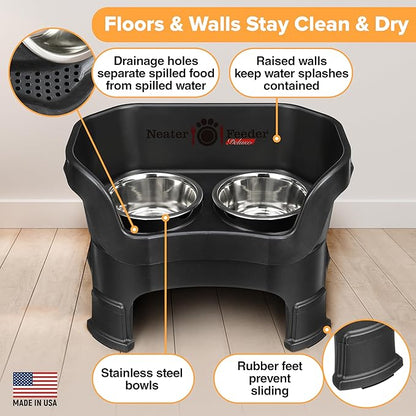 Neater Feeder Deluxe Mess-Proof Elevated Dog Bowls for Medium Dogs (19–40 lbs), 2 Height Adjustable (10” & 12.5”) No-Spill Raised Dog Bowl Stand, Stainless Steel Food Bowl Set, Made in USA, Black