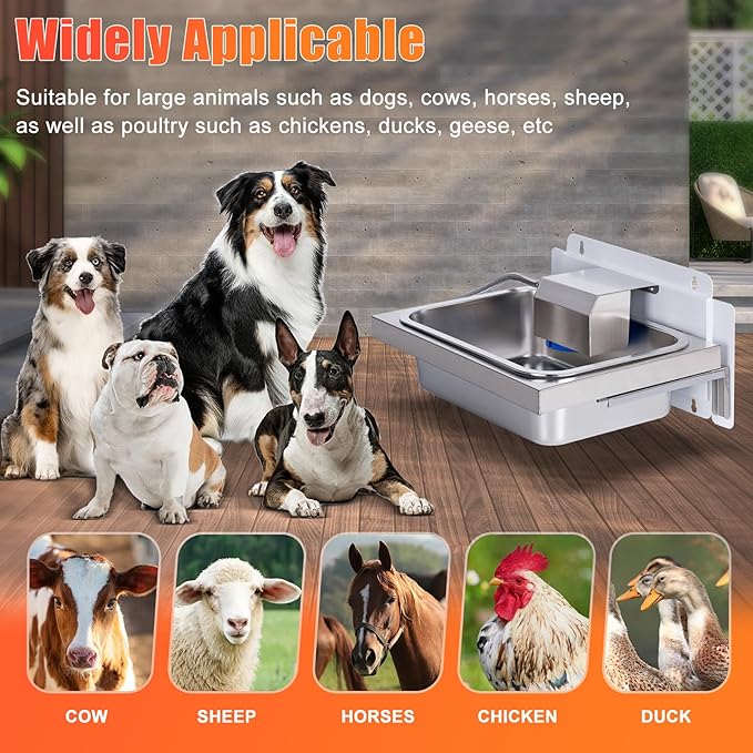 3Gal Automatic Dog Water Bowl Dispenser for Dogs Stainless Hanging Outdoor Self Filling Dog Bowl Large Breed Pet Waterer Metal Wall Mounted Auto Fill Big Dogs Waterer for Cats Chicken Livestock