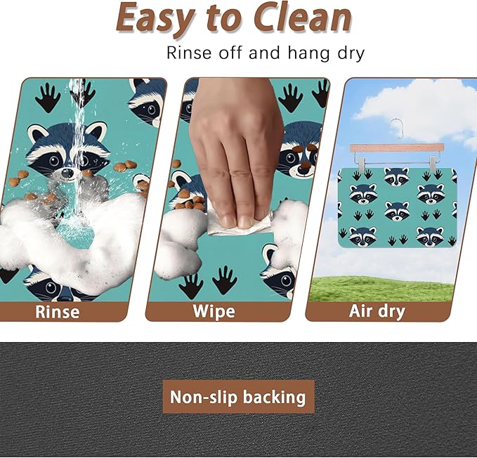 Cute Raccoon Dog Food Mat for Floors,Absorbent Pet Food and Water Bowl Mats,Non-Slip Pet Feeding Mat,Pet Supplies 16" x 24"