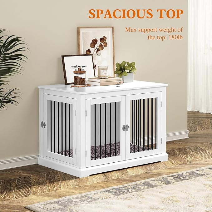 PUPETPO Furniture Style Dog Crate with Cushion, Dog Kennel Medium, Pet Crates, Dog Cage for Small and Medium Dogs, Decorative Dog Kennel with Flip-top Plate, Chew-Proof Metal Bars, White