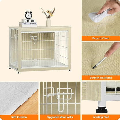 DWANTON Dog Crate Furniture with Cushion, Wooden Kennel Table with Double Doors, Indoor Dog House, Large Size, 38.5" L, White Oak