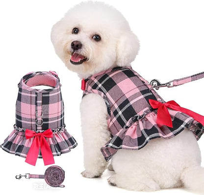 EXPAWLORER Dog Harness Small Medium Sized Dogs, Plaid Dog Dress Bowknot Harness and Leash Set, No Choke No Pull Soft Mesh Vest Cute Princess Puppy Outfits Clothes Costume for Girls Party Cats Pink S