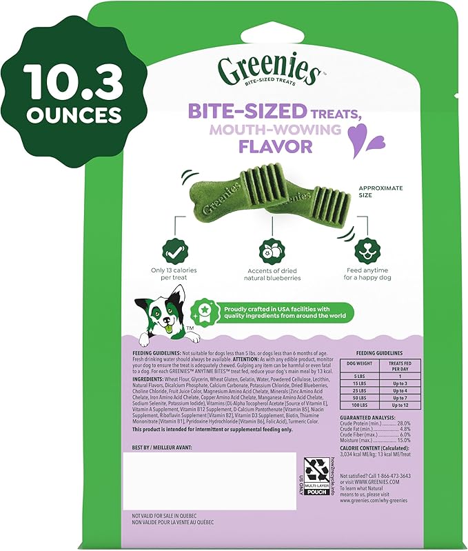 Greenies Anytime Bites Dog Treats, Blueberry Flavor, Dog Training Treats, 10.3 oz. Bag