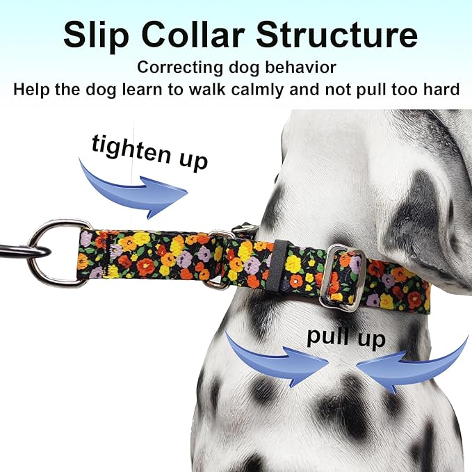 Martingale No Pull Collar with Buckle Adjustable Nylon Slip Collar for Dogs Training Walking (Orange Floral, Small)